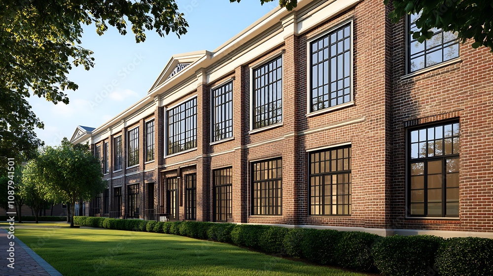 Classic American school building exterior with brick facade and large windows, featuring traditional architectural details. Classic American school building exterior with brick facade and large windows, featuring traditional architectural details.