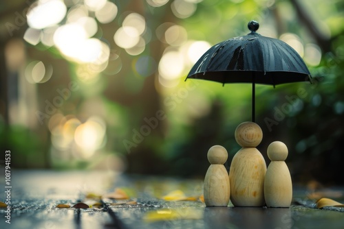Wallpaper Mural Wooden figures under a black umbrella on a blurred rainy background, representing unity, protection, and togetherness in adverse weather conditions Torontodigital.ca
