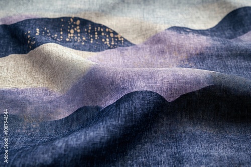 Close-up of soft blue and purple fabric with a mountain print.