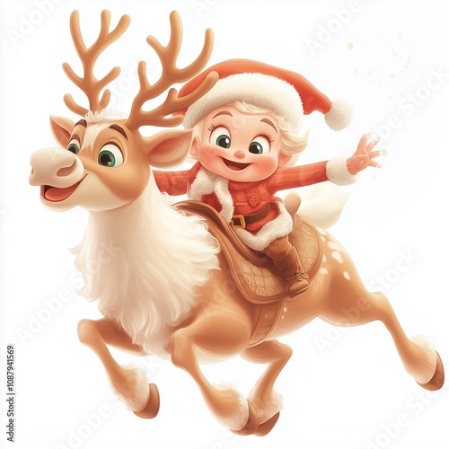 Cute Girl on Reindeer  Christmas  Winter  Holiday Illustration