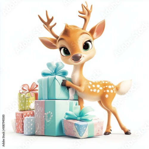 Cute Reindeer with Stack of Gifts  Christmas  Holiday  Present
