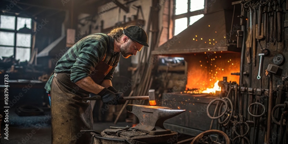 Blacksmith carefully hammering glowing metal on anvil, sparks flying in a rustic workshop with a burning forge in the background, showcasing traditional craftsmanship Blacksmith carefully hammering glowing metal on anvil, sparks flying in a rustic workshop with a burning forge in the background, showcasing traditional craftsmanship