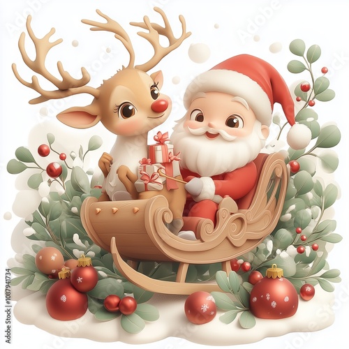 Cute Santa and Reindeer Christmas sleigh  D render