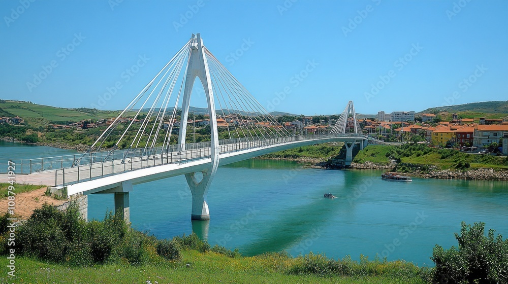 Obraz premium Modern cable-stayed bridge over calm water.
