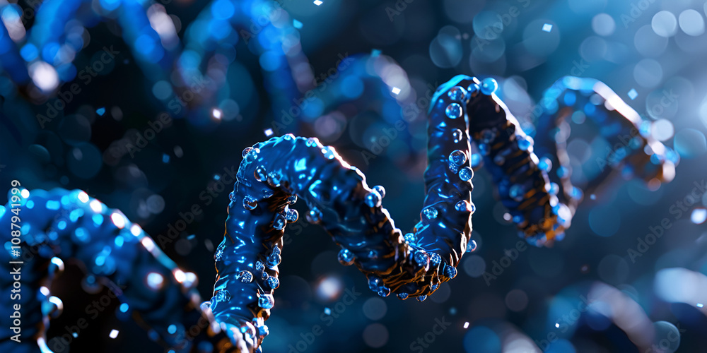 Close-Up of Blue Molecular Helix in Abstract View, Biological DNA Representation in 3D, The intricate dance of life DNA double helix