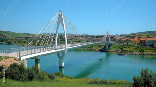 Modern cable-stayed bridge over calm water.