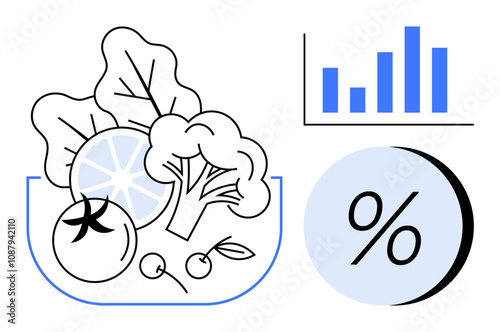 Fresh vegetables and fruits including lettuce, lemon, broccoli, tomato, and cherries. Nutritional chart and percentage symbol. Ideal for nutrition, diet plans, health, wellness, education, research