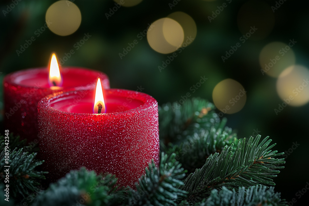 A classic Christmas card featuring a lit candle surrounded by festive greenery and red berries.
