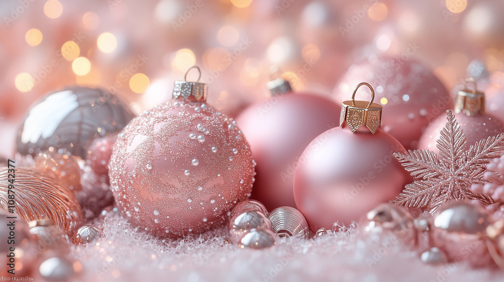 An elegant and sophisticated image of pink and white Christmas ornaments. An elegant and sophisticated image of pink and white Christmas ornaments.