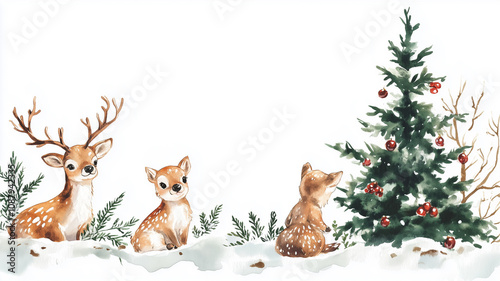 A charming watercolor painting of two deer enjoying the Christmas festivities.