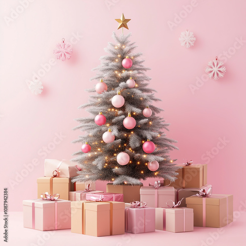 A beautifully minimalist Christmas tree with elegant ornaments, surrounded by neatly wrapped gifts, creating a festive and sophisticated atmosphere.