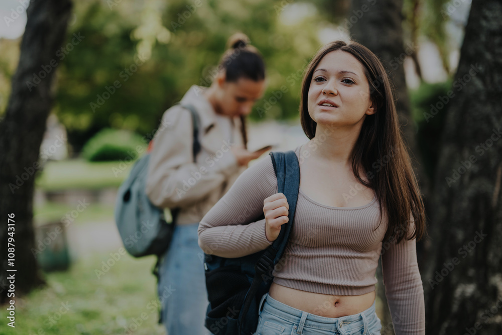 Two young female students walking outdoors with backpacks in a park, enjoying a sunny day and fresh air. Two young female students walking outdoors with backpacks in a park, enjoying a sunny day and fresh air.