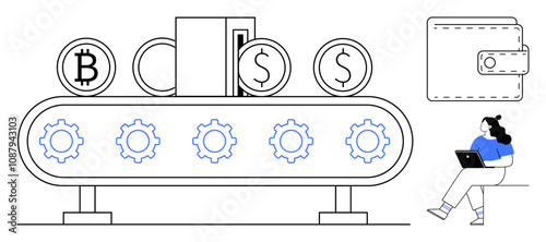 Bitcoin and dollar coins on a conveyor belt with gears, wallet icon, person using laptop. Ideal for fintech, cryptocurrency, digital transactions, banking, financial management, online payments