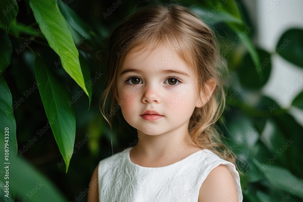 childrens fashion portrait, a young child in a white dress, captured in a sunny garden with gently filtering dappled light through the leaves childrens fashion portrait, a young child in a white dress, captured in a sunny garden with gently filtering dappled light through the leaves