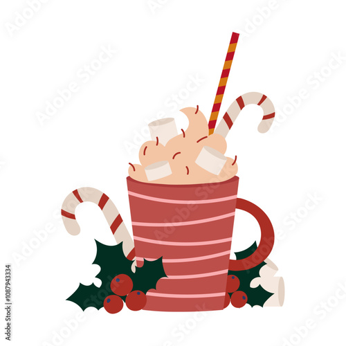 Hand drawn mug with hot chocolate, cream and marshmallow. Seasonal vector illustration of a cup in flat style. Christmas and new year isolated doodle