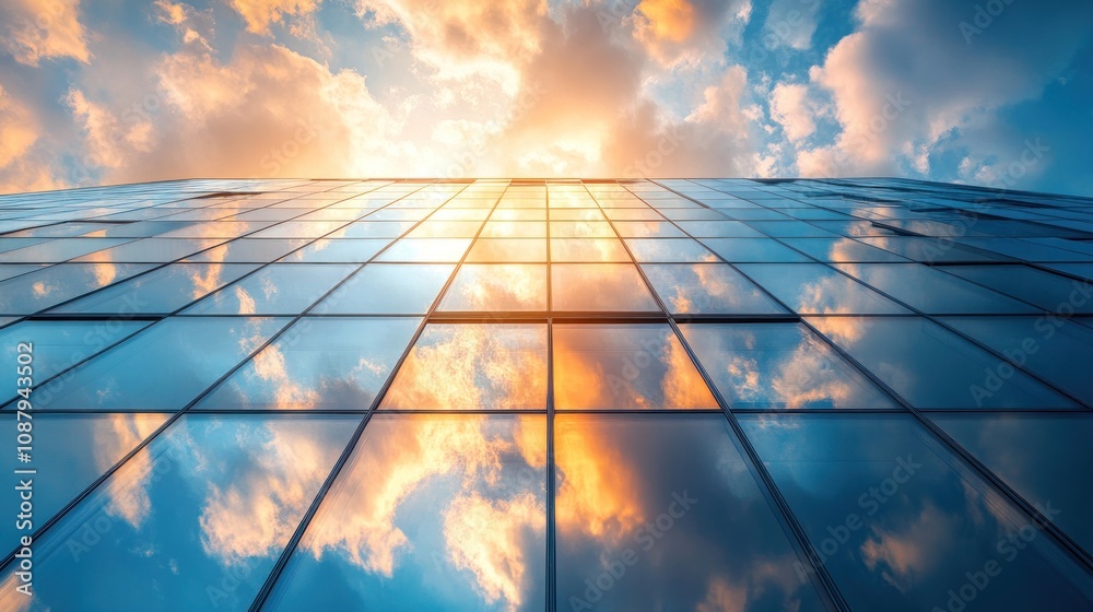 custom made wallpaper toronto digitalModern glass building reflecting a colorful sky.