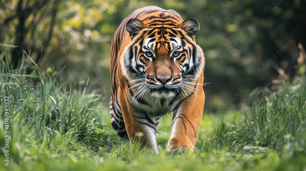Fototapeta premium Tiger Strolling Through Lush Foliage