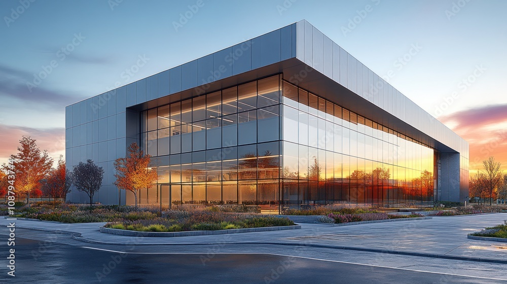 Obraz premium Modern glass building with landscaped surroundings.