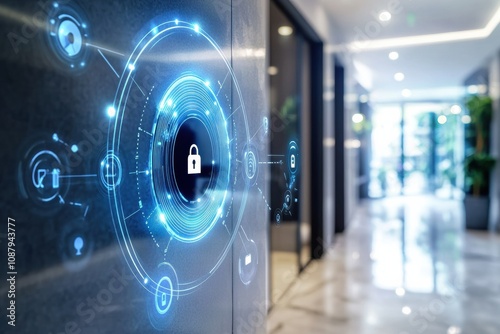 The entrance showcases advanced security technology with cameras, motion sensors, and a fingerprint scanner for safety and convenience. Generative AI