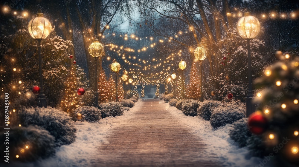 A beautifully decorated Christmas garden with twinkling fairy lights, festive ornaments, and a snow-covered path, creating a magical holiday atmosphere, perfect for a Christmas commercial poster A beautifully decorated Christmas garden with twinkling fairy lights, festive ornaments, and a snow-covered path, creating a magical holiday atmosphere, perfect for a Christmas commercial poster