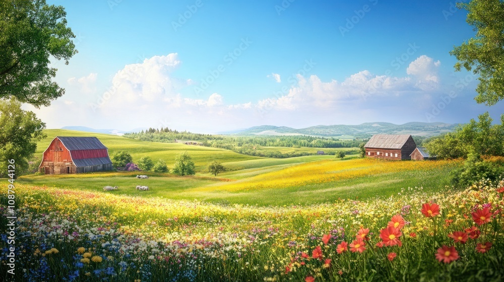 A picturesque rural scene with vast fields, rustic barns, and vibrant wildflowers under a clear blue sky, ideal for promoting nature and tranquility in a commercial post A picturesque rural scene with vast fields, rustic barns, and vibrant wildflowers under a clear blue sky, ideal for promoting nature and tranquility in a commercial post