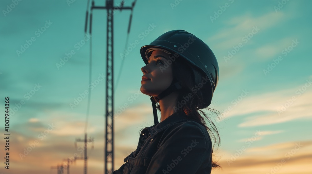 Woman in helmet gazes at sunset near power lines Woman in helmet gazes at sunset near power lines