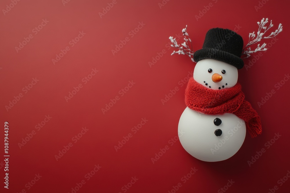Cheerful snowman decoration with red background for winter season Cheerful snowman decoration with red background for winter season
