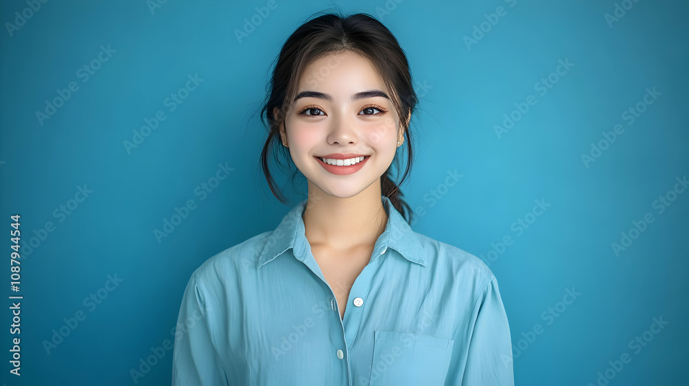 A Smiling Woman Wearing a Blue Shirt Against a Bright Blue Background, Portrait Photography A Smiling Woman Wearing a Blue Shirt Against a Bright Blue Background, Portrait Photography