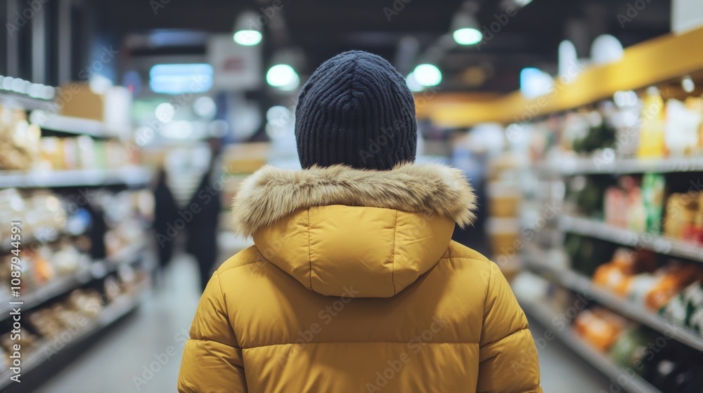 Person in yellow coat explores grocery aisle in winter setting Person in yellow coat explores grocery aisle in winter setting