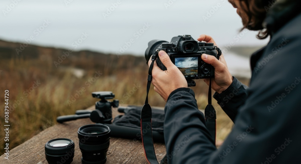 Fototapeta premium Man photographing landscape with camera and extra lenses