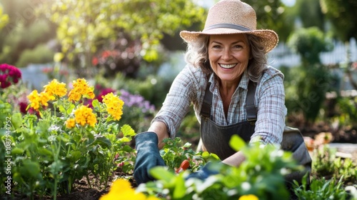 Fototapeta Naklejka Na Ścianę i Meble -  Smiling woman gardening in a colorful flower bed during daylight