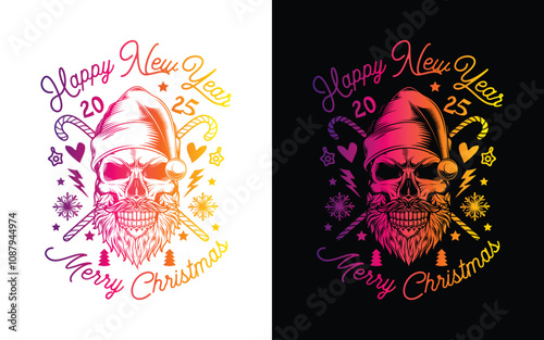 Skull with beard and mustache in Santa Claus hat. Christmas and New Year poster. Original vector illustration in vintage style. T-shirt design.