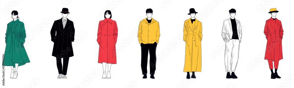 Minimalist illustration of several people in different outfits, white background Generative AI Minimalist illustration of several people in different outfits, white background Generative AI