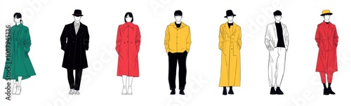 Minimalist illustration of several people in different outfits, white background Generative AI