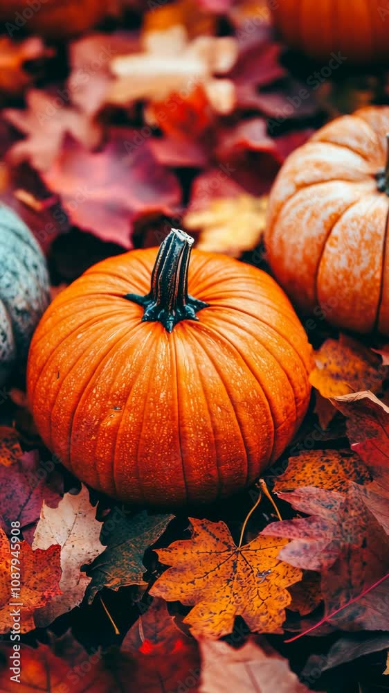 Three pumpkins sit amongst a pile of colorful autumn leaves Three pumpkins sit amongst a pile of colorful autumn leaves
