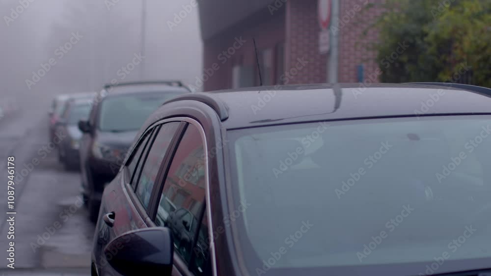 A fogcovered street displaying an array of parked cars and a subtle urban backdrop, effectively capturing a serene yet mysterious atmosphere that evokes a sense of calm and nostalgia A fogcovered street displaying an array of parked cars and a subtle urban backdrop, effectively capturing a serene yet mysterious atmosphere that evokes a sense of calm and nostalgia