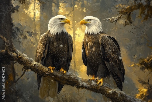 Two bald eagles perched on a branch in a forest, facing each other, with a soft, golden light filtering through the trees.