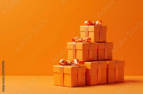 A stack of elegant orange gift boxes with satin ribbons, placed against a solid orange background, perfect for Christmas, New Year, or festive greetings with room for text.
