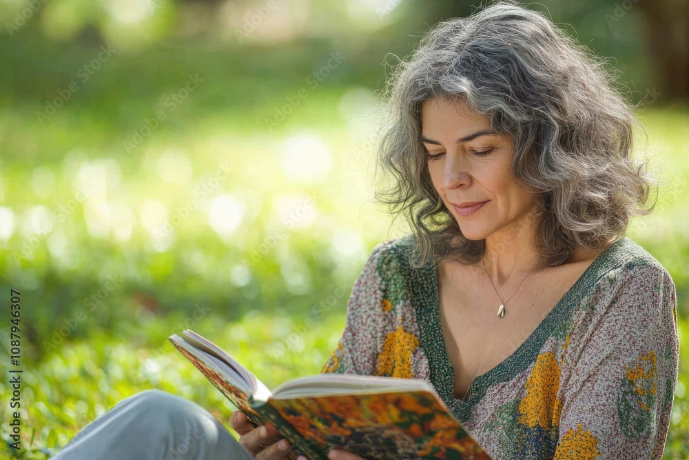 Grey-haired Woman Reading a Book in a Sunny Green Park Grey-haired Woman Reading a Book in a Sunny Green Park