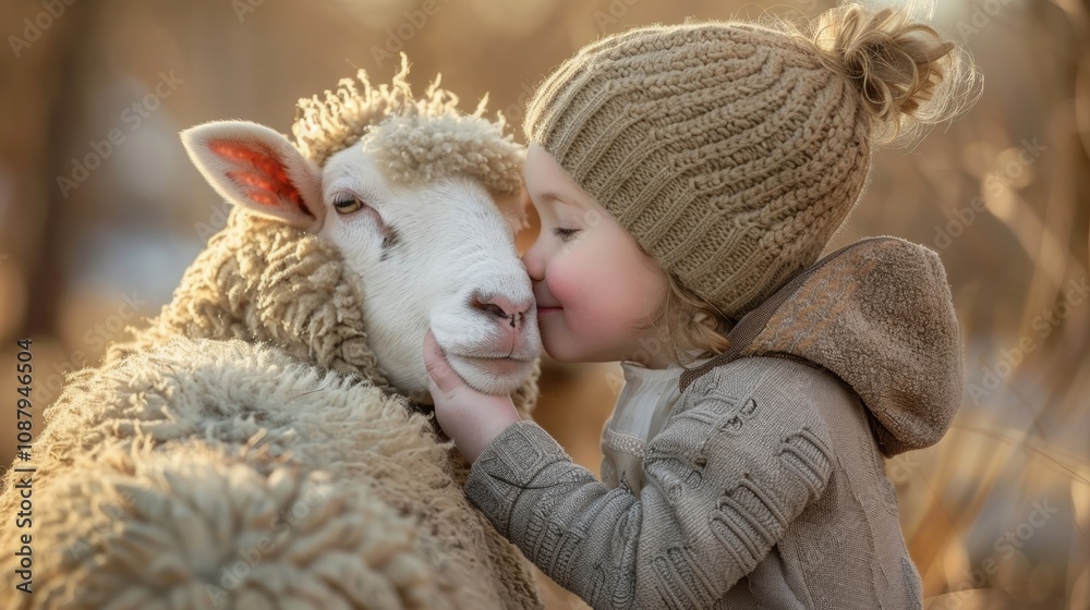 Hazy image of a child nuzzling their nose against a friendly sheeps wooly coat. Hazy image of a child nuzzling their nose against a friendly sheeps wooly coat.