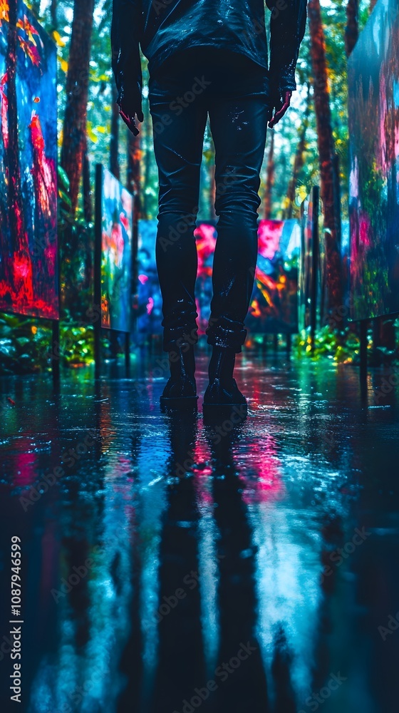 Obraz premium A person stands in a vibrant, reflective space filled with colorful digital art.
