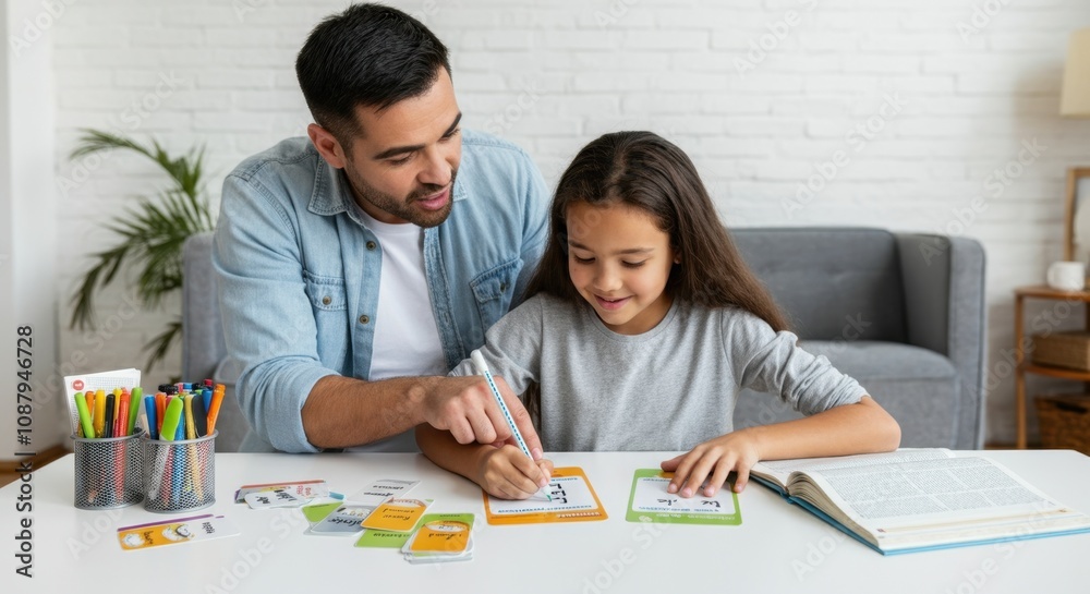 Asian father and daughter studying together at home, engaging in educational activities Asian father and daughter studying together at home, engaging in educational activities