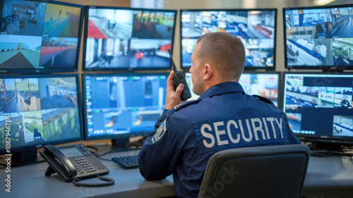 A security guard is sitting at a desk with a phone and a computer monitor. He is wearing a blue shirt that says security