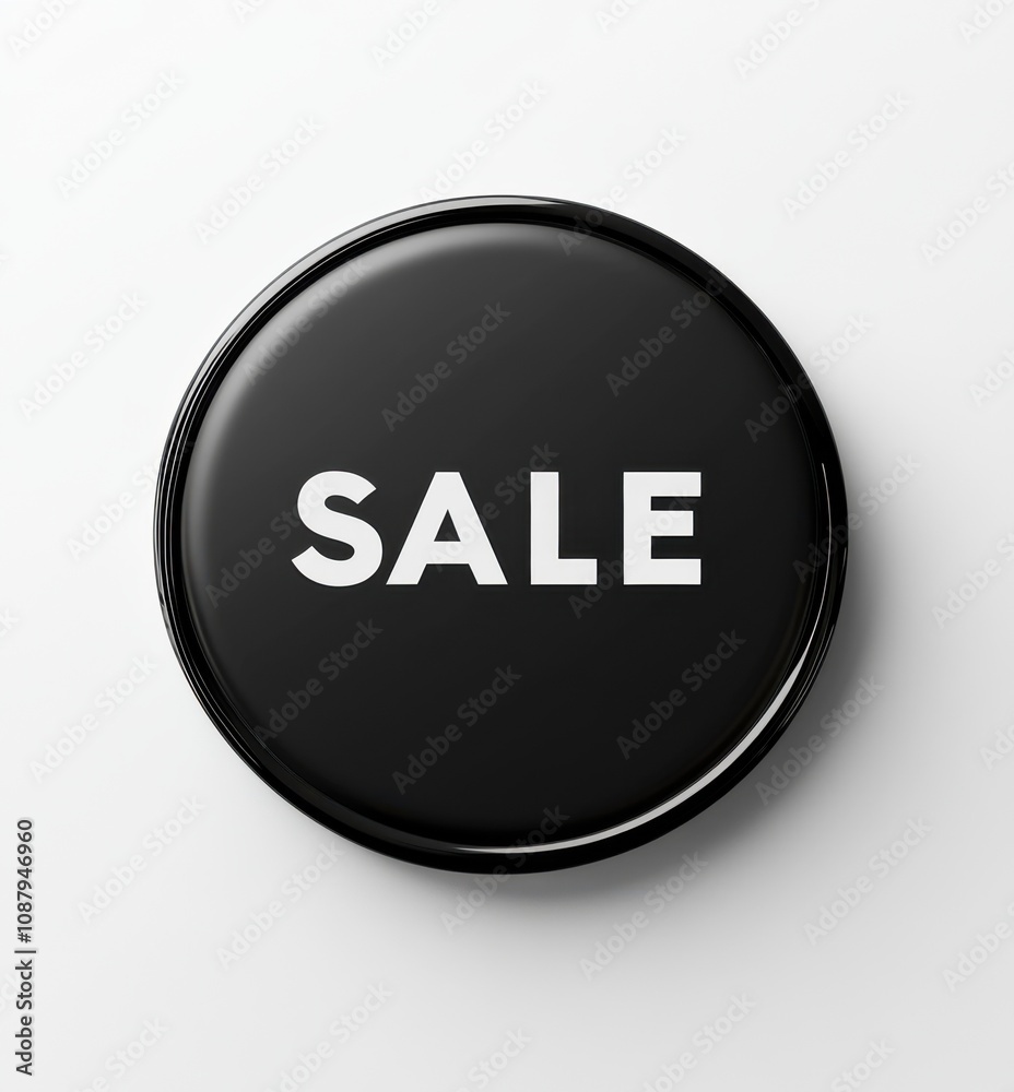 A black, round button with the word A black, round button with the word