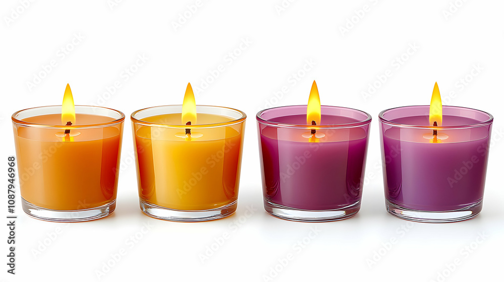 Four Scented Candles with Flames Burning in Glass Jars, Two Yellow and Two Purple, on a White Background Four Scented Candles with Flames Burning in Glass Jars, Two Yellow and Two Purple, on a White Background