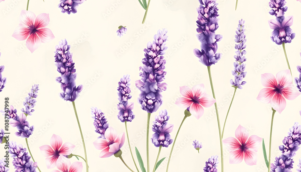 Naklejka premium Watercolor pattern with lavender flowers, retro style