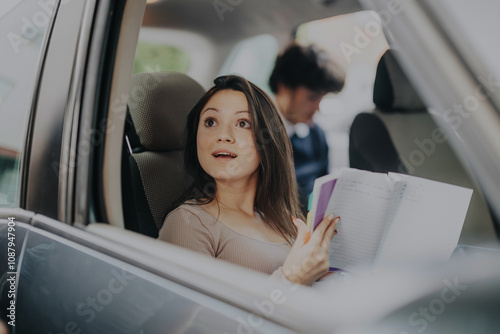 A young student looks intrigued while studying in the back seat of a car, holding an open notebook. The image captures a moment of learning and curiosity during a car journey. photo