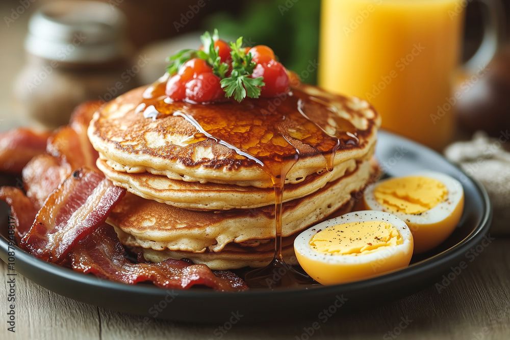 Delicious breakfast spread featuring pancakes with bacon and eggs served on a wooden table Delicious breakfast spread featuring pancakes with bacon and eggs served on a wooden table