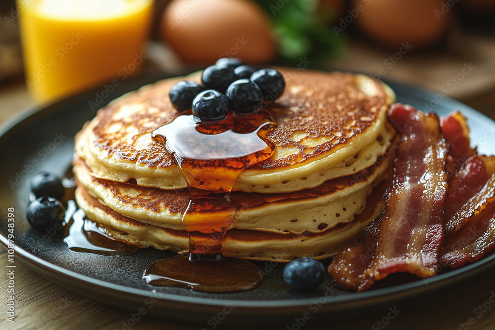 Enjoying a delicious breakfast spread with pancakes, bacon, and fresh fruits in a cozy kitchen setting Enjoying a delicious breakfast spread with pancakes, bacon, and fresh fruits in a cozy kitchen setting