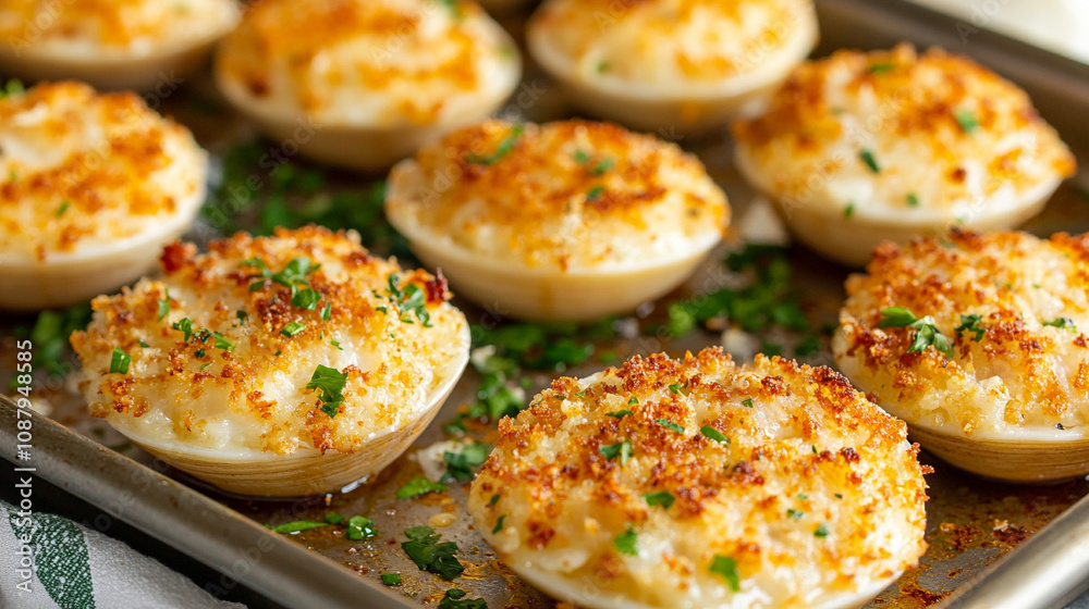 clams casino topped with breadcrumbs, bacon, and parmesan, offering a savory and indulgent dish perfect for seafood lovers and fine dining experiences clams casino topped with breadcrumbs, bacon, and parmesan, offering a savory and indulgent dish perfect for seafood lovers and fine dining experiences